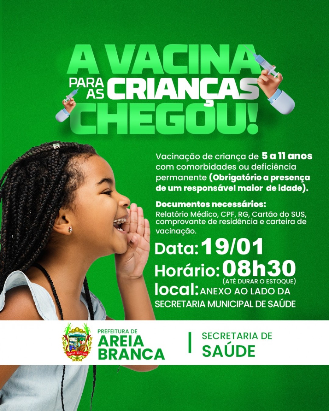 Areia Branca haverá ponto de vacinação contra a covid-19 para as crianças de 5 a 11 anos com comormidabes ou deficiência permanentes nesta quarta-feira (19)