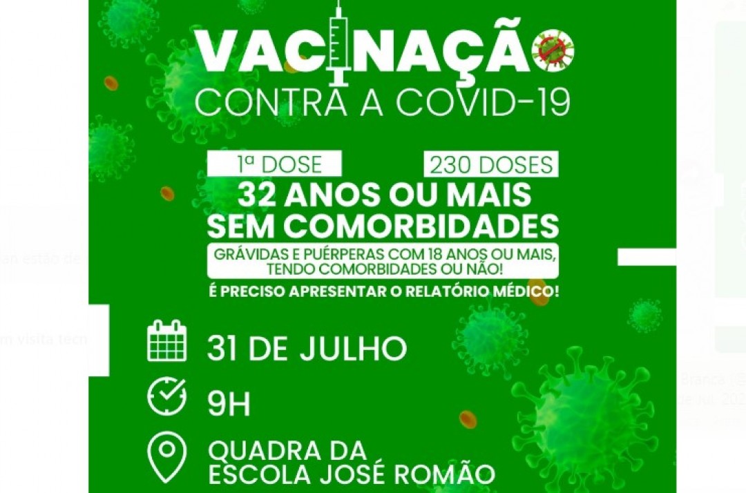 Prefeitura de Areia Branca, abre ponto de vacinação para a Covid-19 neste sábado para pessoas com 32 anos ou mais sem comorbidades e para grávidas e puérperas