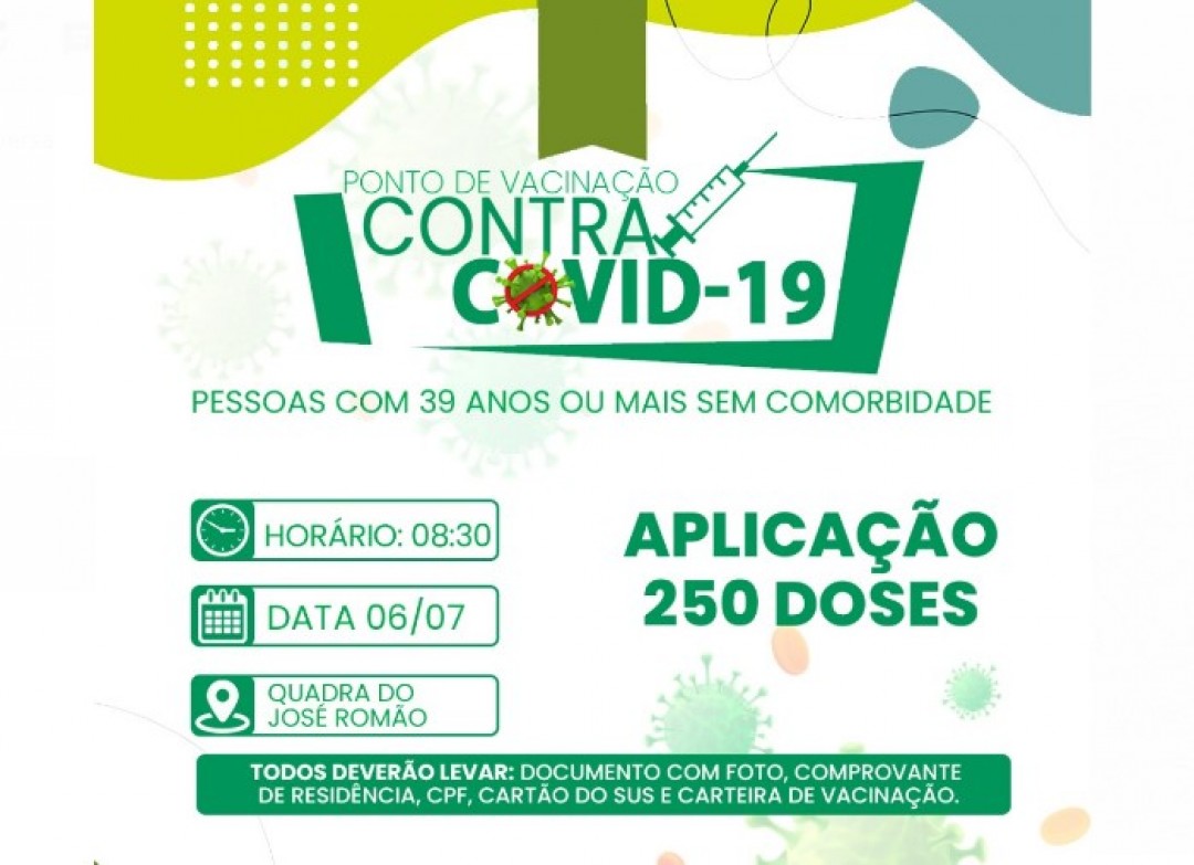 Prefeitura de Areia Branca, abre ponto de vacinação para a Covid-19 nesta terça-feira para pessoas com 39 anos ou mais sem comorbidades
