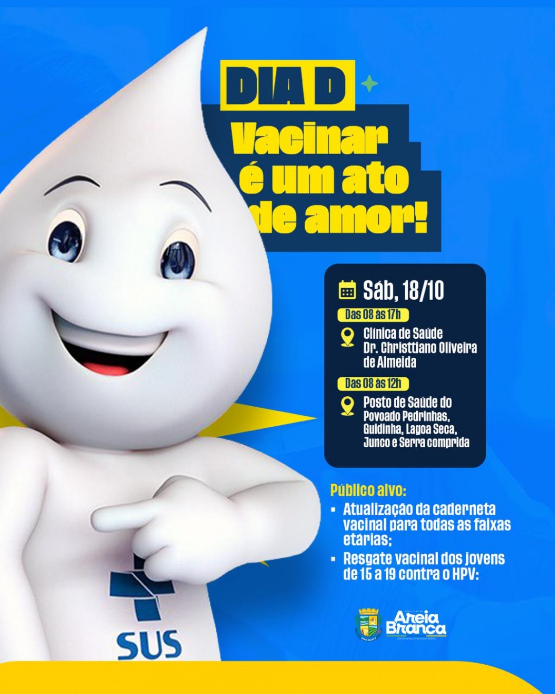 Areia Branca realiza Dia D para atualização da caderneta vacinal neste sábado, 18 de outubro
